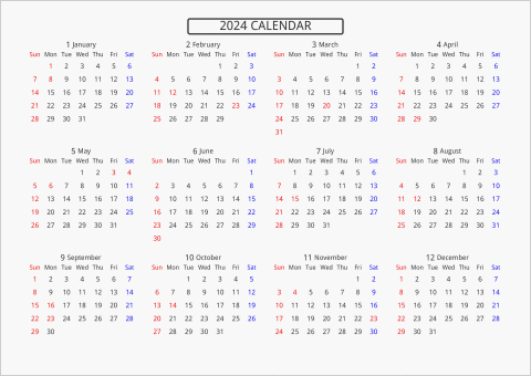 2024年 年間カレンダー 標準 枠なし 横向き 曜日(英語)