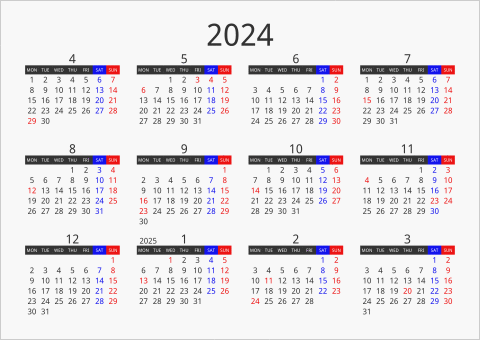 2024年 年間カレンダー フォーマル 枠なし 横向き 4月始まり 月曜始まり 曜日(英語)